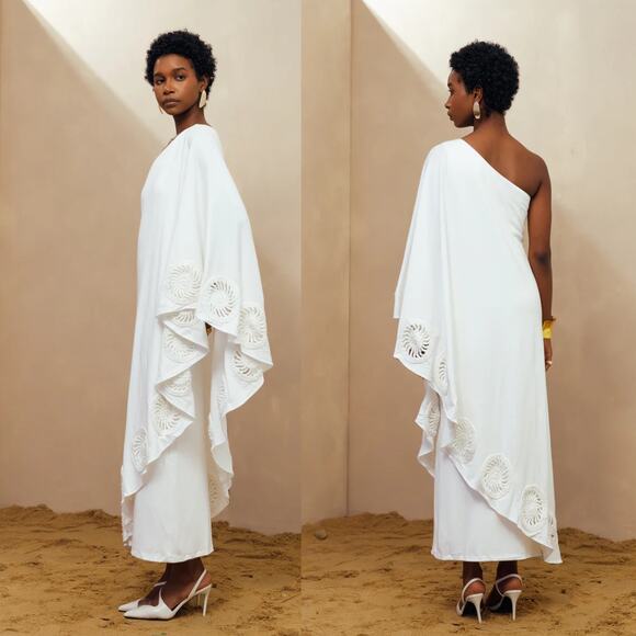 Elexiay Dress Crochet Abia White Draped One Shoulder Kaftan Maxi Dress Size S